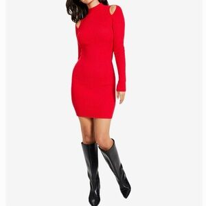 Bar III Cherry Red Long Sleeve midi Dress w/ shoulder cutout - L